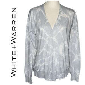 White + Warren Misty Gray Marbled V-Neck Sweater Tie-Dye Lightweight Oversized